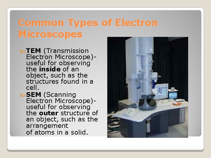 Common Types of Electron Microscopes TEM (Transmission Electron Microscope)useful for observing the inside of