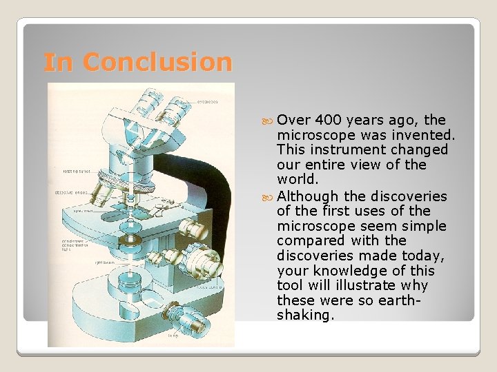 In Conclusion Over 400 years ago, the microscope was invented. This instrument changed our