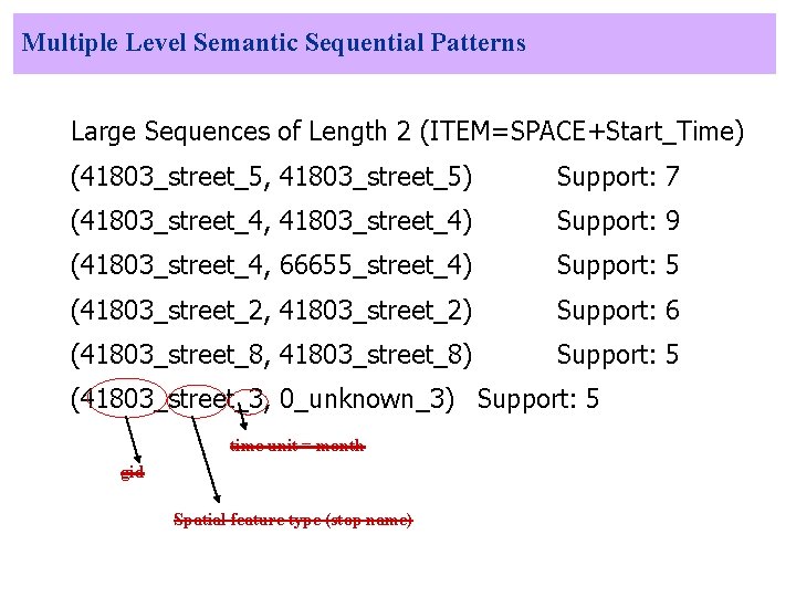 Multiple Level Semantic Sequential Patterns Large Sequences of Length 2 (ITEM=SPACE+Start_Time) (41803_street_5, 41803_street_5) Support: