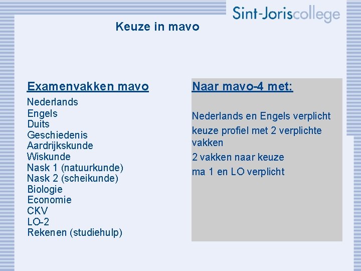 Keuze in mavo Examenvakken mavo Nederlands Engels Duits Geschiedenis Aardrijkskunde Wiskunde Nask 1 (natuurkunde)