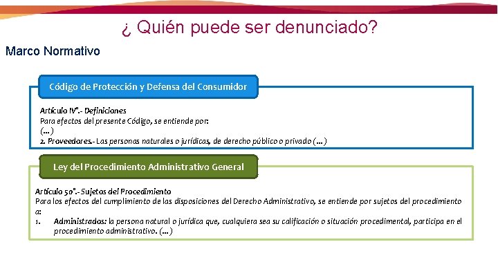 ¿ Quién puede ser denunciado? Marco Normativo Código de Protección y Defensa del Consumidor