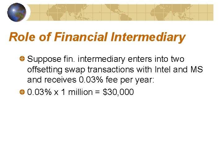 Role of Financial Intermediary Suppose fin. intermediary enters into two offsetting swap transactions with