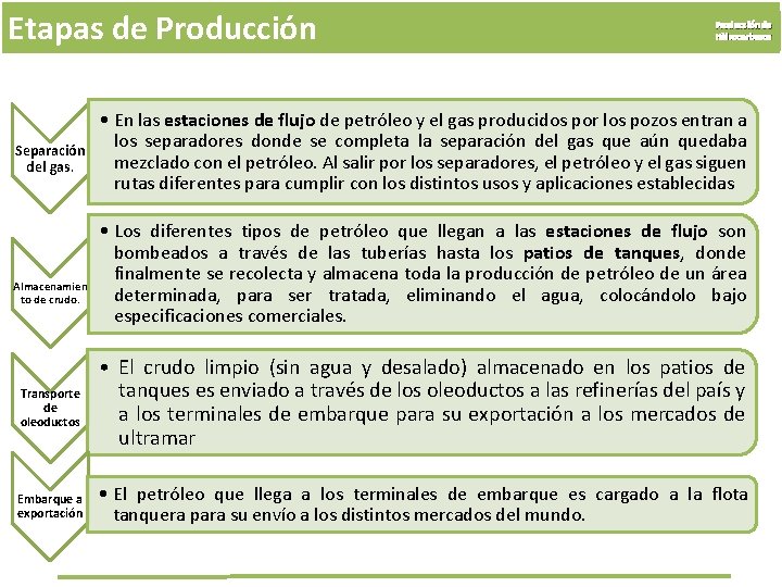 Etapas de Producción Separación del gas. Almacenamien to de crudo. Transporte de oleoductos Embarque