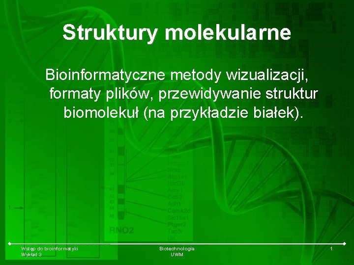 Struktury molekularne Bioinformatyczne metody wizualizacji, formaty plików, przewidywanie struktur biomolekuł (na przykładzie białek). Wstęp