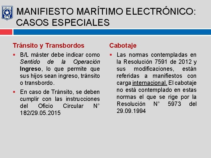 MANIFIESTO MARÍTIMO ELECTRÓNICO: CASOS ESPECIALES Tránsito y Transbordos Cabotaje § B/L máster debe indicar