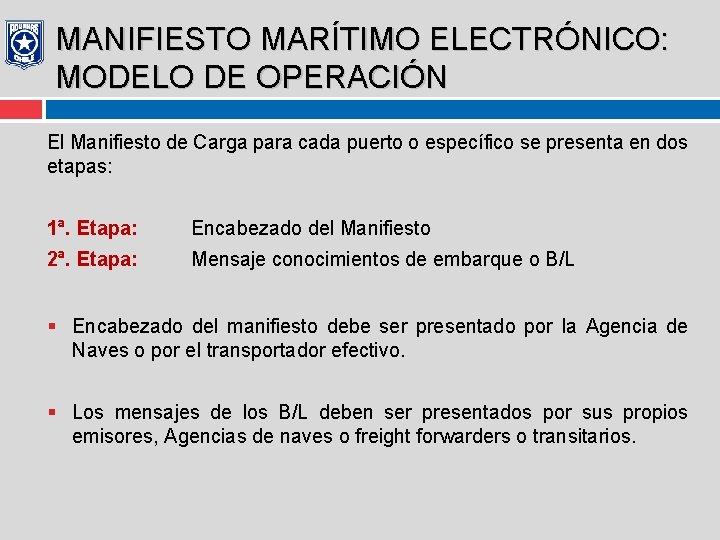 MANIFIESTO MARÍTIMO ELECTRÓNICO: MODELO DE OPERACIÓN El Manifiesto de Carga para cada puerto o