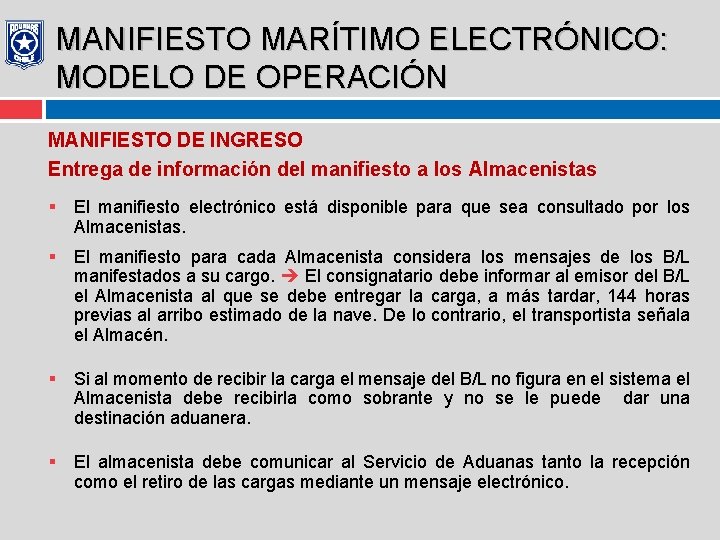 MANIFIESTO MARÍTIMO ELECTRÓNICO: MODELO DE OPERACIÓN MANIFIESTO DE INGRESO Entrega de información del manifiesto