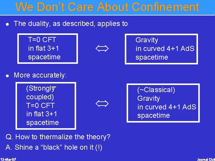 We Don’t Care About Confinement l The duality, as described, applies to T=0 CFT We Don’t Care About Confinement l The duality, as described, applies to T=0 CFT