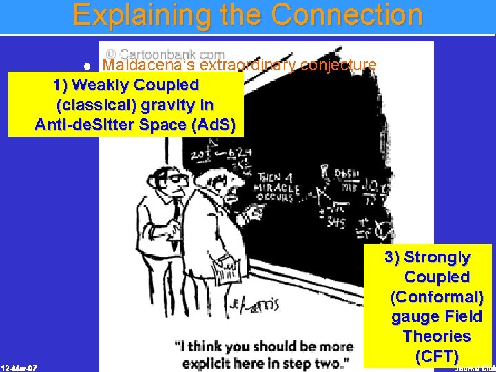 Explaining the Connection Maldacena’s extraordinary conjecture 1) Weakly Coupled (classical) gravity in Anti-de. Sitter Explaining the Connection Maldacena’s extraordinary conjecture 1) Weakly Coupled (classical) gravity in Anti-de. Sitter