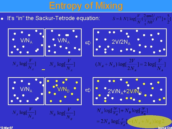 Entropy of Mixing l It’s “in” the Sackur-Tetrode equation: V/NA 2 V/2 NA V/NA Entropy of Mixing l It’s “in” the Sackur-Tetrode equation: V/NA 2 V/2 NA V/NA