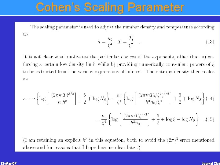 Cohen’s Scaling Parameter 12 -Mar-07 Journal Club Cohen’s Scaling Parameter 12 -Mar-07 Journal Club