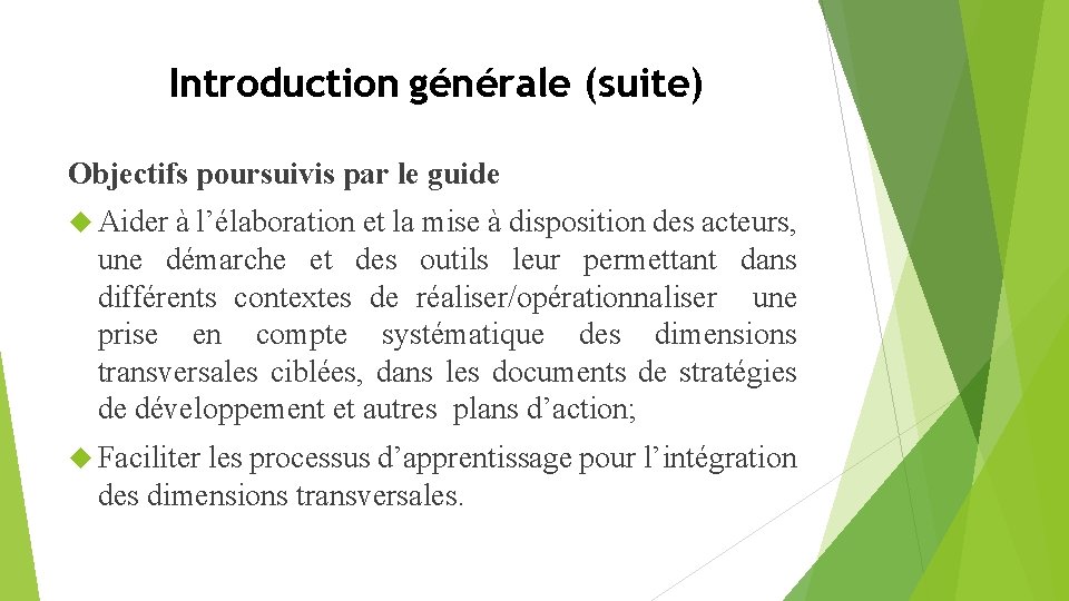 Introduction générale (suite) Objectifs poursuivis par le guide Aider à l’élaboration et la mise