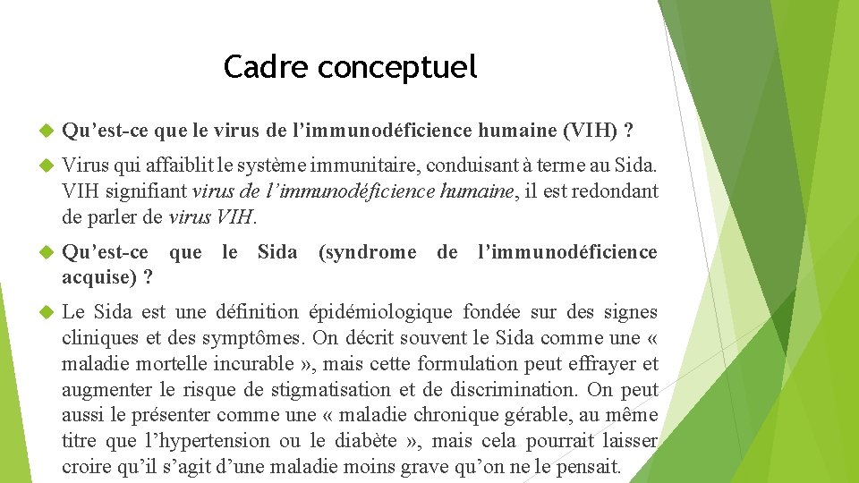 Cadre conceptuel Qu’est-ce que le virus de l’immunodéficience humaine (VIH) ? Virus qui affaiblit