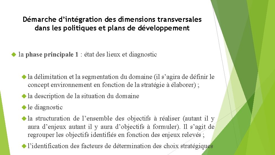 Démarche d’intégration des dimensions transversales dans les politiques et plans de développement la phase