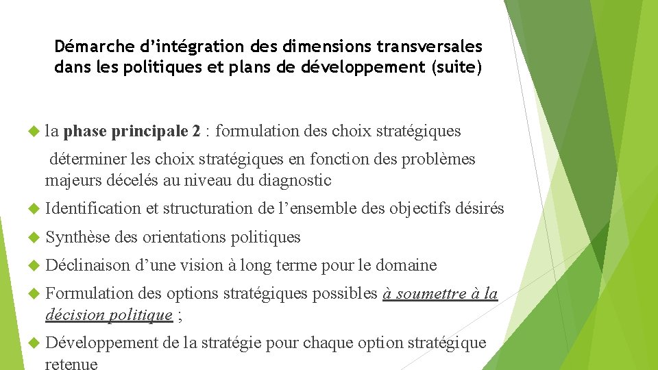 Démarche d’intégration des dimensions transversales dans les politiques et plans de développement (suite) la