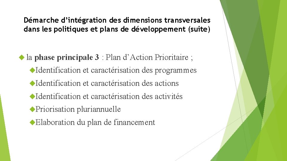 Démarche d’intégration des dimensions transversales dans les politiques et plans de développement (suite) la