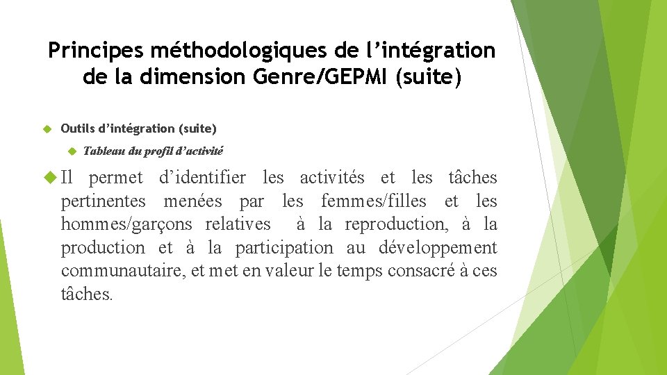Principes méthodologiques de l’intégration de la dimension Genre/GEPMI (suite) Outils d’intégration (suite) Il Tableau
