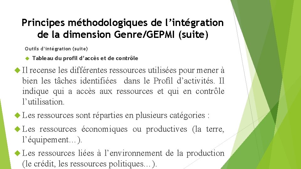 Principes méthodologiques de l’intégration de la dimension Genre/GEPMI (suite) Outils d’intégration (suite) Tableau du