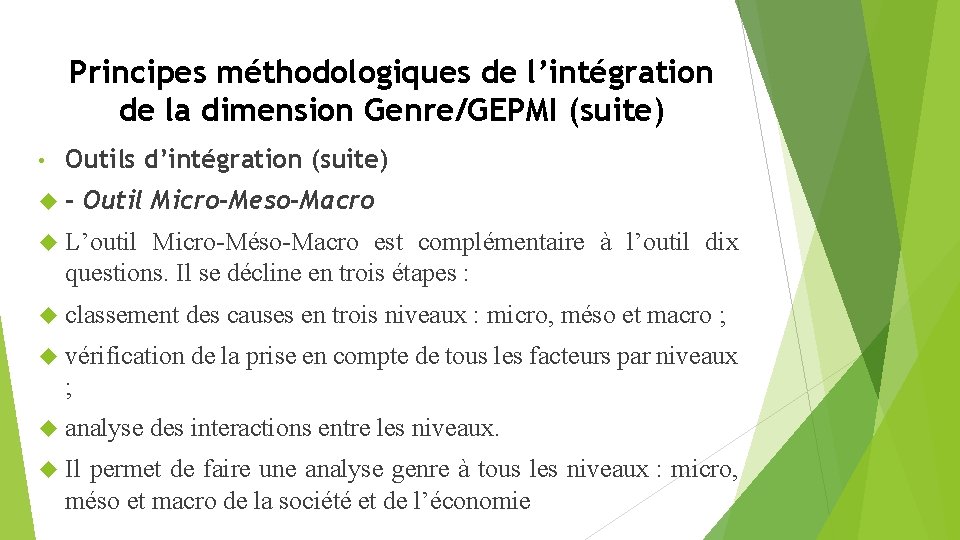 Principes méthodologiques de l’intégration de la dimension Genre/GEPMI (suite) • Outils d’intégration (suite) -