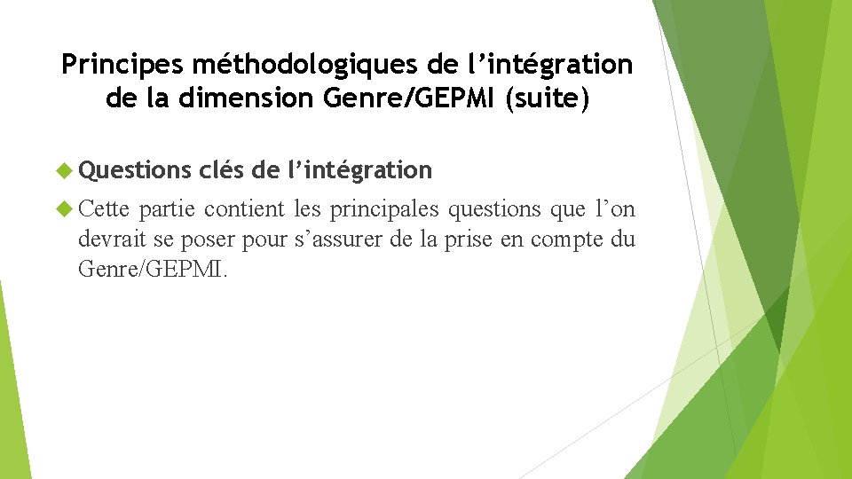Principes méthodologiques de l’intégration de la dimension Genre/GEPMI (suite) Questions clés de l’intégration Cette