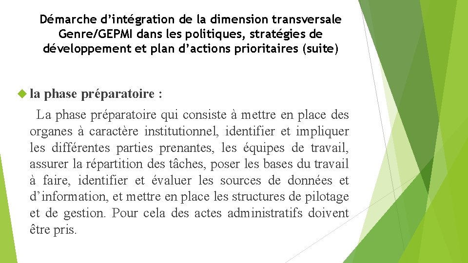 Démarche d’intégration de la dimension transversale Genre/GEPMI dans les politiques, stratégies de développement et