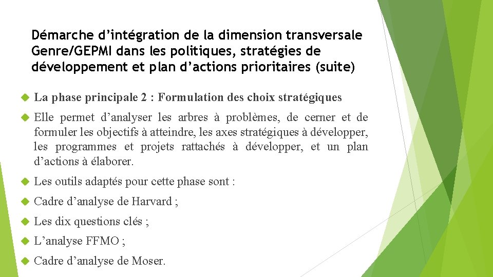 Démarche d’intégration de la dimension transversale Genre/GEPMI dans les politiques, stratégies de développement et