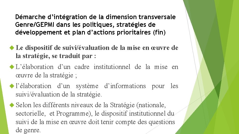 Démarche d’intégration de la dimension transversale Genre/GEPMI dans les politiques, stratégies de développement et