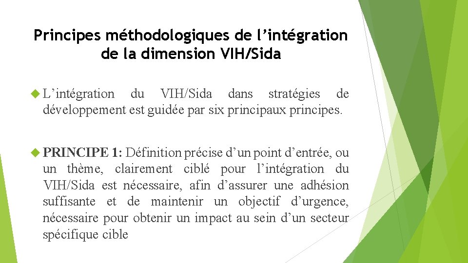 Principes méthodologiques de l’intégration de la dimension VIH/Sida L’intégration du VIH/Sida dans stratégies de