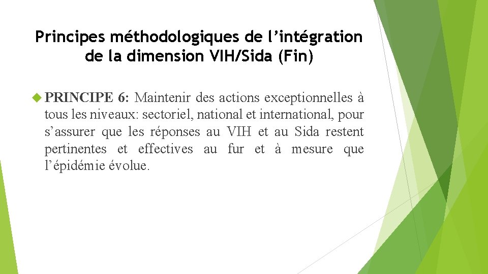 Principes méthodologiques de l’intégration de la dimension VIH/Sida (Fin) PRINCIPE 6: Maintenir des actions
