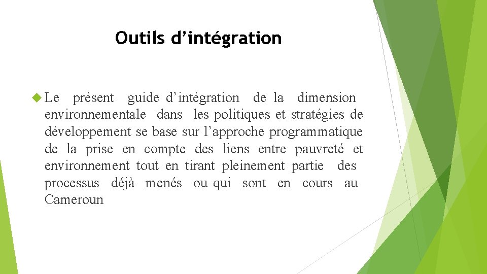 Outils d’intégration Le présent guide d’intégration de la dimension environnementale dans les politiques et