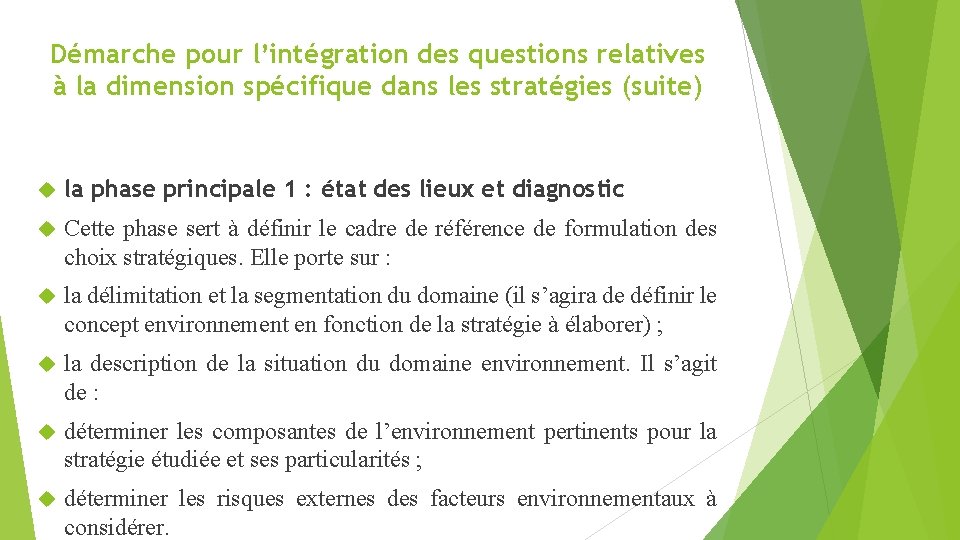 Démarche pour l’intégration des questions relatives à la dimension spécifique dans les stratégies (suite)