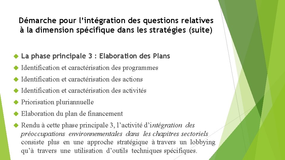 Démarche pour l’intégration des questions relatives à la dimension spécifique dans les stratégies (suite)