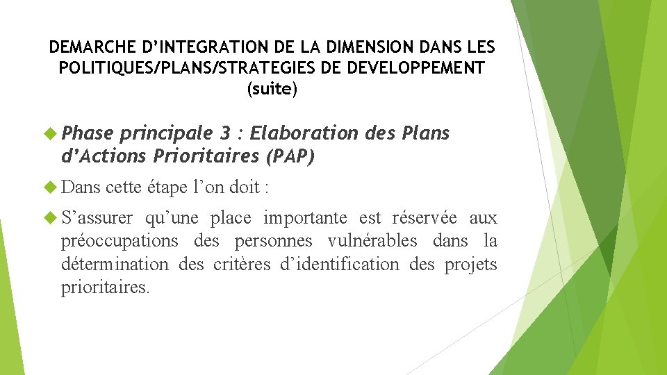 DEMARCHE D’INTEGRATION DE LA DIMENSION DANS LES POLITIQUES/PLANS/STRATEGIES DE DEVELOPPEMENT (suite) Phase principale 3