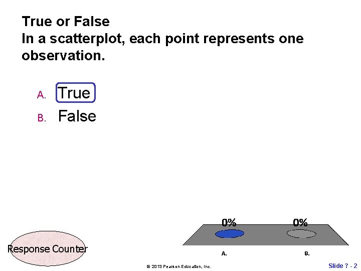 True or False In a scatterplot, each point represents one observation. A. B. True