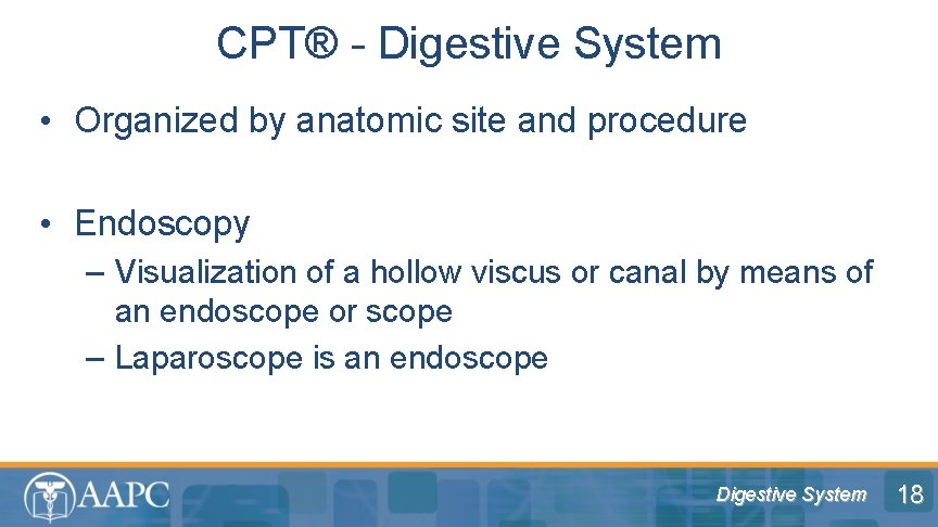 CPT® - Digestive System • Organized by anatomic site and procedure • Endoscopy –