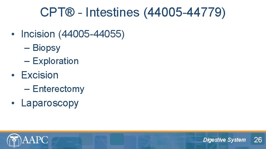 CPT® - Intestines (44005 -44779) • Incision (44005 -44055) – Biopsy – Exploration •