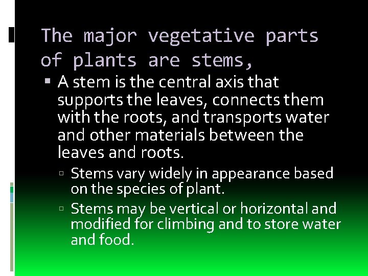 The major vegetative parts of plants are stems, A stem is the central axis