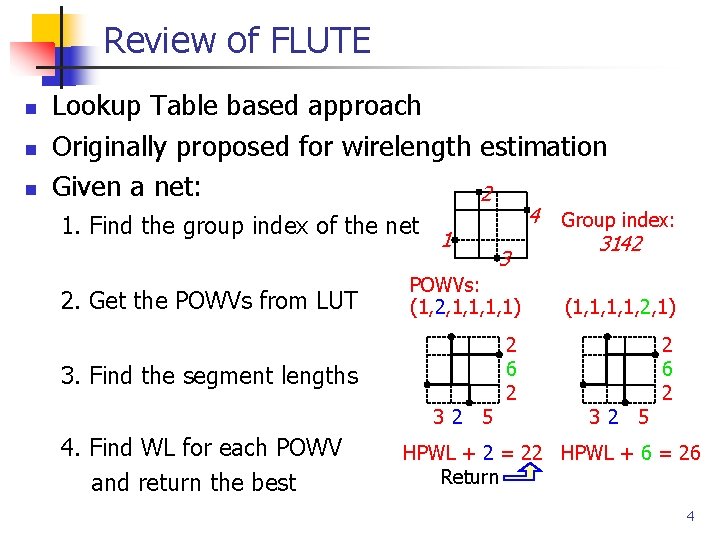 Review of FLUTE n n n Lookup Table based approach Originally proposed for wirelength