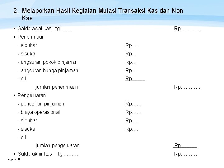 2. Melaporkan Hasil Kegiatan Mutasi Transaksi Kas dan Non Kas Saldo awal kas tgl…….