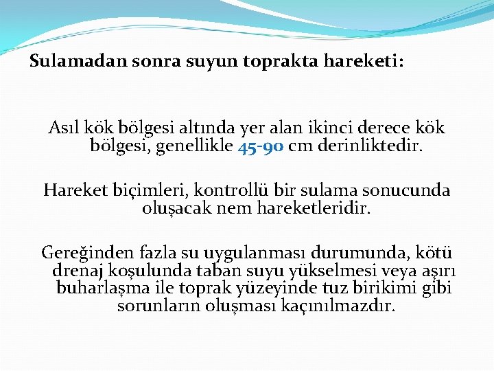 Sulamadan sonra suyun toprakta hareketi: Asıl kök bölgesi altında yer alan ikinci derece kök