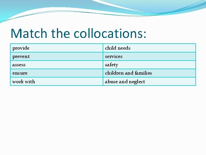 Match the collocations: provide child needs prevent services assess safety ensure children and families