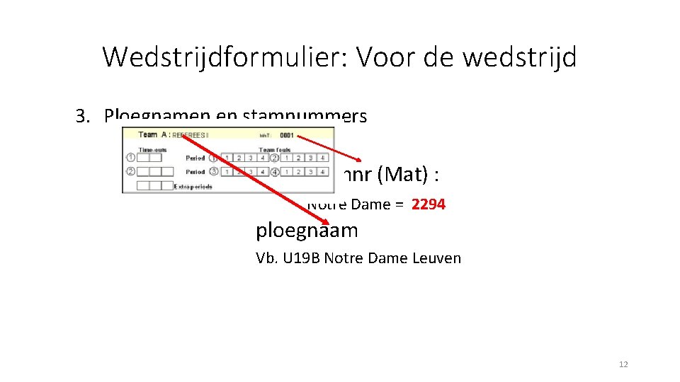 Wedstrijdformulier: Voor de wedstrijd 3. Ploegnamen en stamnummers stamnr (Mat) : Notre Dame =