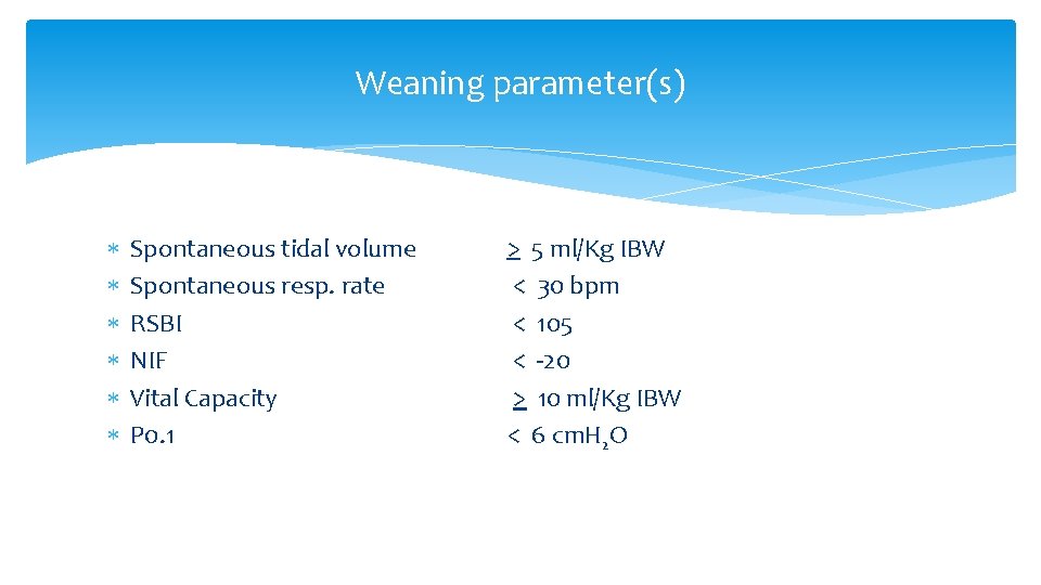 Weaning parameter(s) Spontaneous tidal volume Spontaneous resp. rate RSBI NIF Vital Capacity P 0. Weaning parameter(s) Spontaneous tidal volume Spontaneous resp. rate RSBI NIF Vital Capacity P 0.