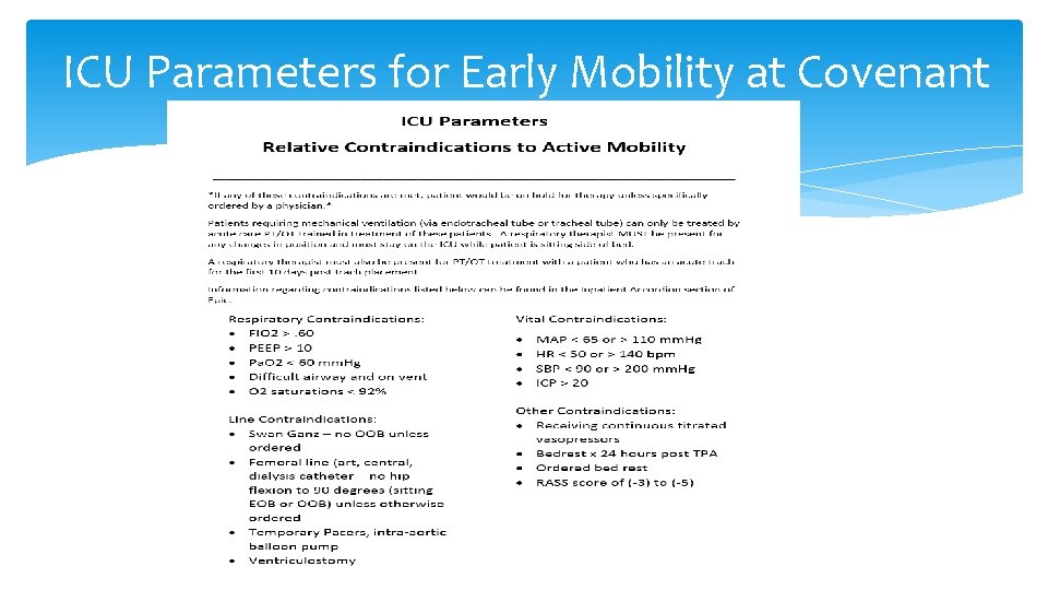 ICU Parameters for Early Mobility at Covenant ICU Parameters for Early Mobility at Covenant