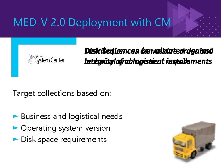 MED-V 2. 0 Deployment with CM Target collections based on: ► Business and logistical