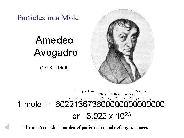Particles in a Mole Amedeo Avogadro (1776 – 1856) ? quadrillions trillions billions thousands