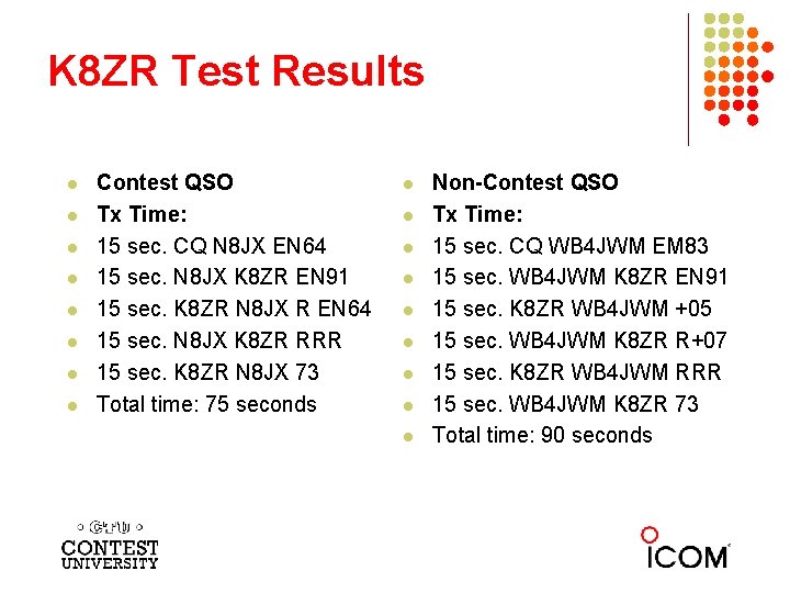 K 8 ZR Test Results l l l l Contest QSO Tx Time: 15