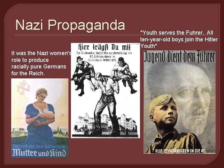 Nazi Propaganda It was the Nazi women's role to produce racially pure Germans for