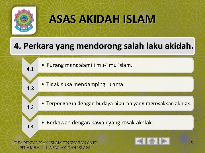 ASAS AKIDAH ISLAM 4. Perkara yang mendorong salah laku akidah. 4. 1 4. 2