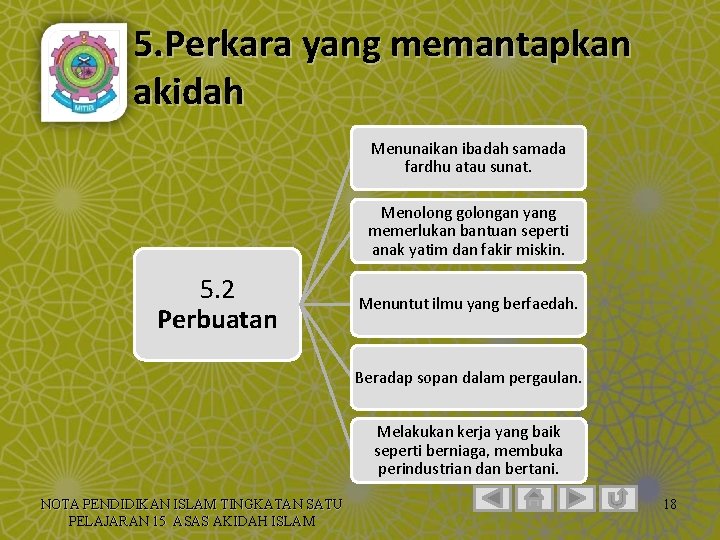 5. Perkara yang memantapkan akidah Menunaikan ibadah samada fardhu atau sunat. Menolong golongan yang